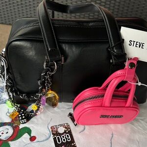 089, NWT Steve Madden Black Satchel with Pink Charm